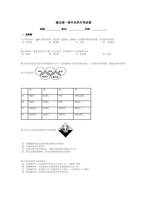 湖北高一高中化学月考试卷带答案解析
