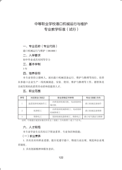 中等职业学校港口机械运行与维护专业教学标准(试行)