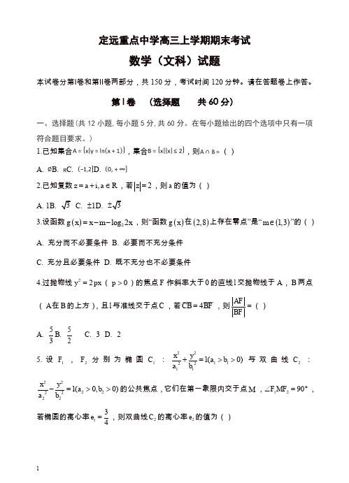 【最新】2019秋安徽省定远高三上册期末考试数学(文)试卷(有答案)