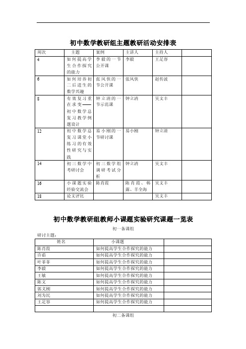 初中数学教研组主题教研活动安排表