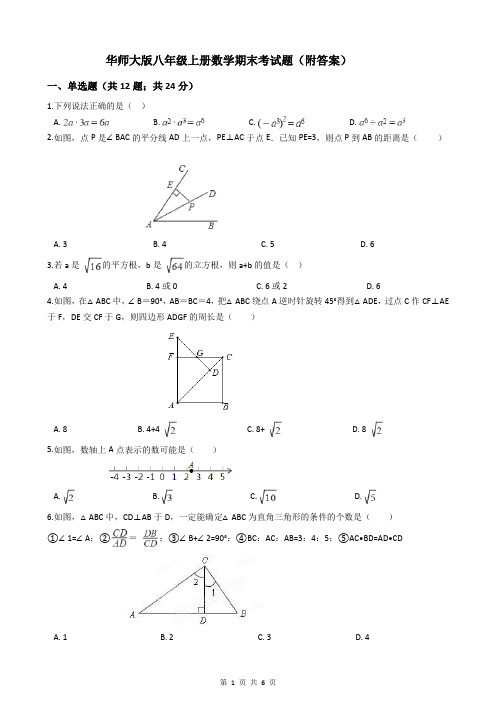 华师大版八年级上册数学期末考试题(附答案)