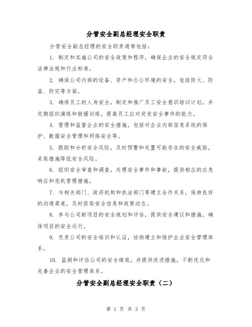 分管安全副总经理安全职责（三篇）