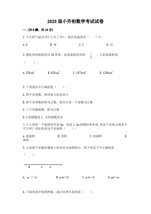 2023届小升初数学考试试卷附完整答案(各地真题)