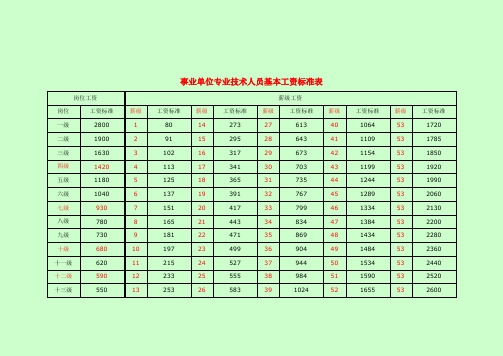 事业单位工作人员基本工资标准(岗位和薪级)