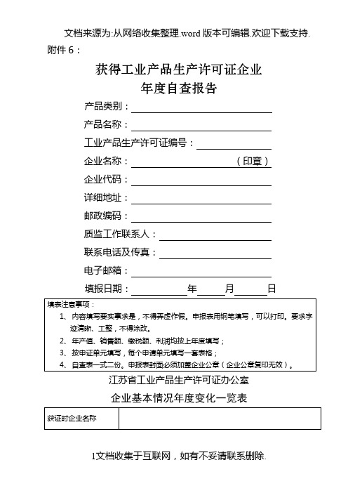 获得工业产品生产许可证企业年度自查报告