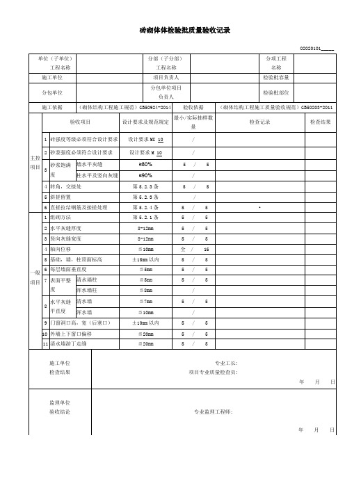 砖砌体检验批质量验收记录