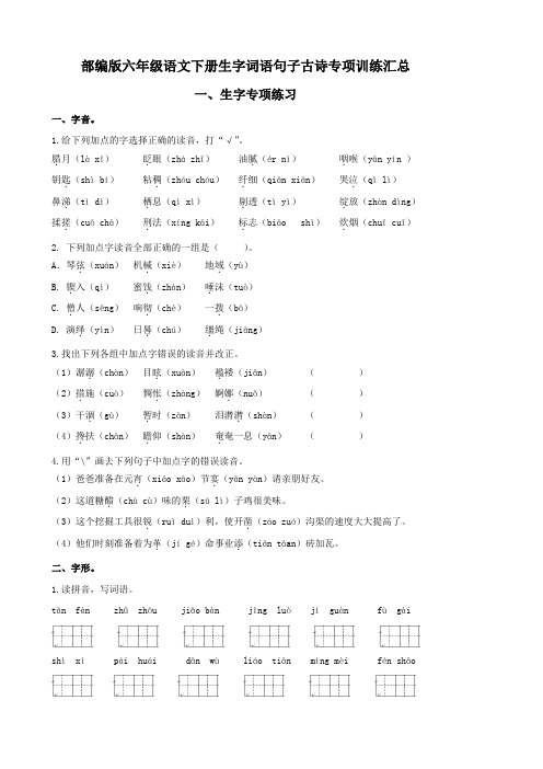 部编版六年级语文下册专项训练汇总(含生字、词语、句子、古诗四个专项)