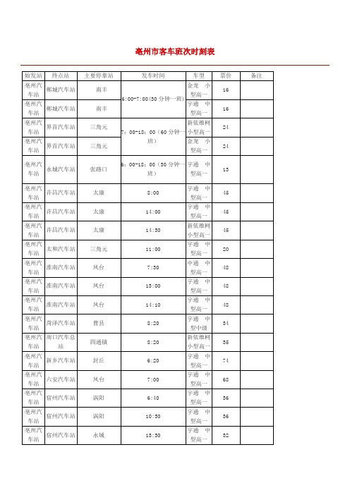 亳州汽车站时刻表