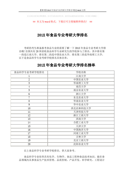 【推荐】201X年食品专业考研大学排名-精选word文档 (2页)