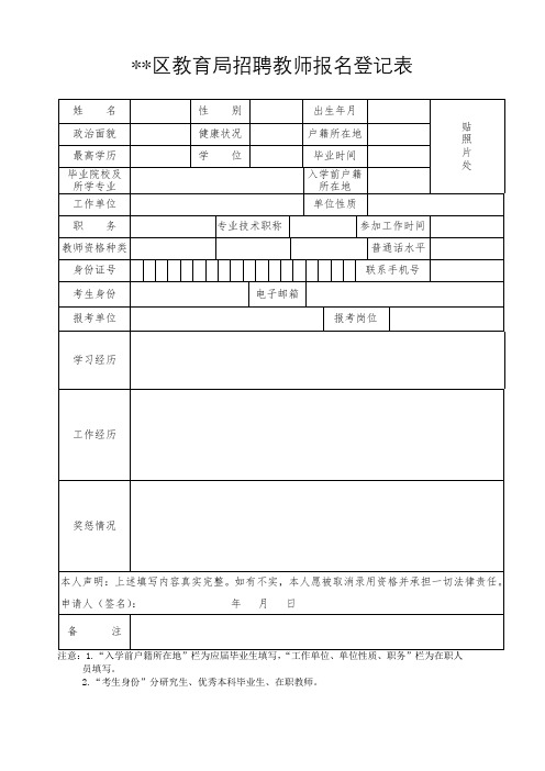 XX区教育局招聘教师报名登记表【模板】(2)