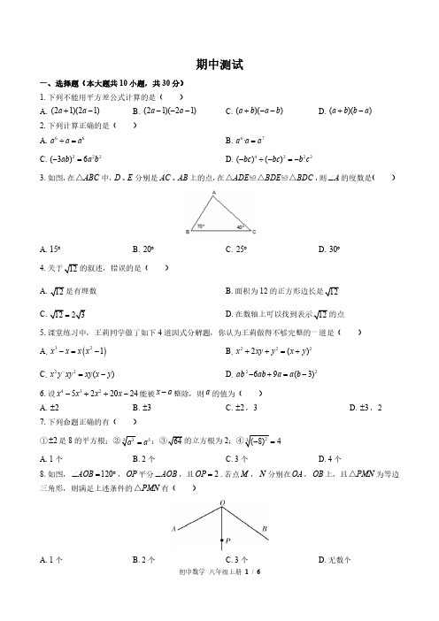 华师大版初中数学八上期中测试试题试卷含答案