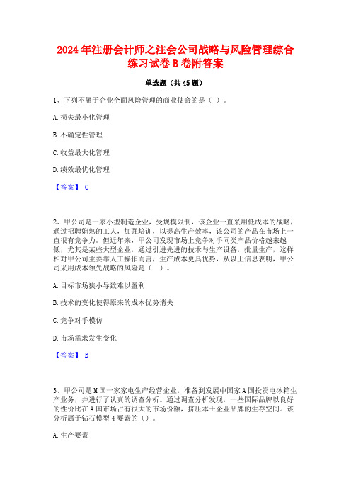 2024年注册会计师之注会公司战略与风险管理综合练习试卷B卷附答案