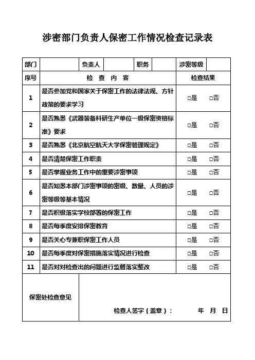 北京航空航天大学 涉密部门负责人保密工作情况检查记录表