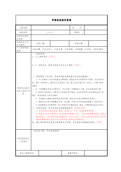 建筑施工木工安全晨会记录