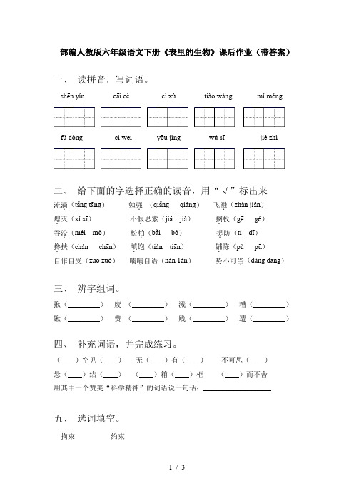 部编人教版六年级语文下册《表里的生物》课后作业(带答案)