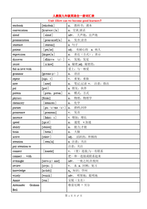 人教版九年级全册英语单词词汇表