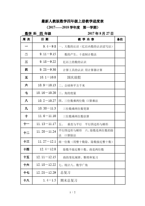 最新人教版数学四年级上册教学进度表