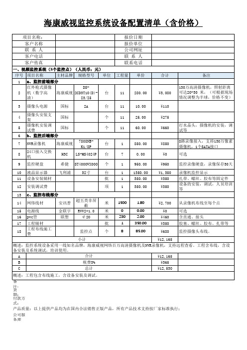 海康威视监控系统设备配置清单(含价格) - 监控报价模板