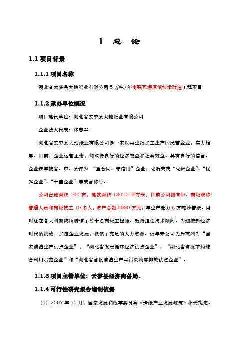 万吨每年高强瓦楞原纸技术改造工程项目可行研究报告