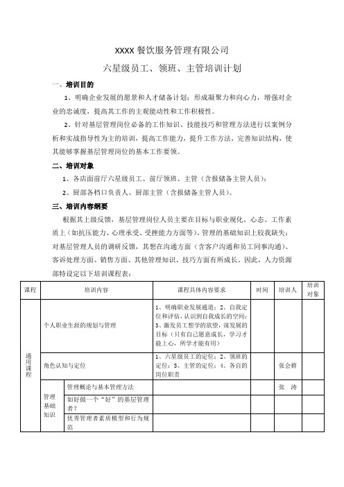 连锁餐饮公司员工、领班、主管培训计划