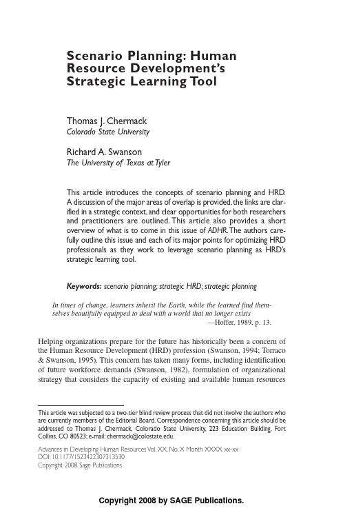 Scenario Planning Human Resource Development’s Strategic Learning Tool