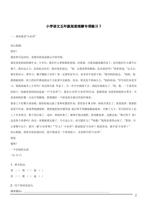 小学语文五年级期末阅读理解专项练习3(含答案)