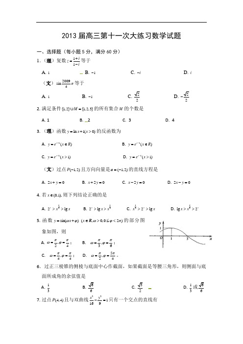 陕西省西安市高新一中2013届高三下学期第十一次大练习数学试题Word版含答案