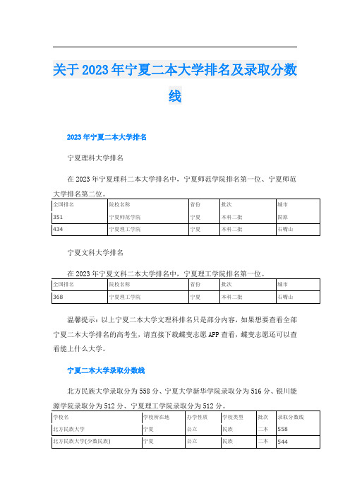 关于2023年宁夏二本大学排名及录取分数线