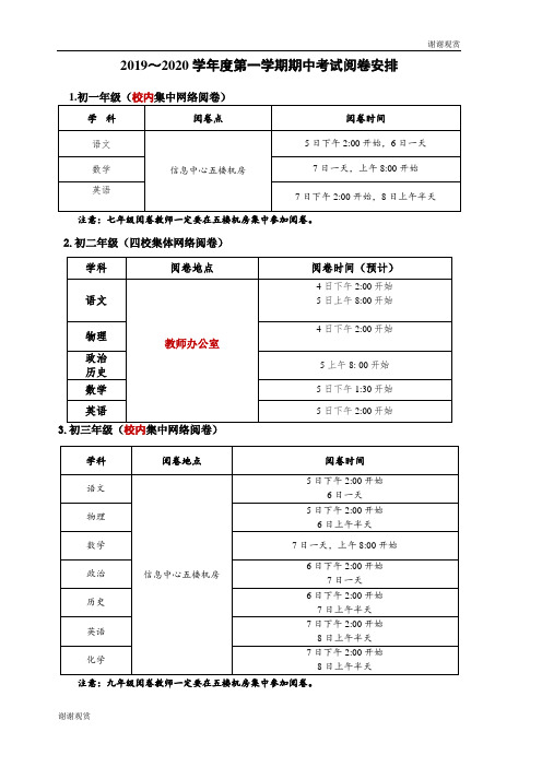 2019~2020学年度第一学期期中考试阅卷安排 .doc