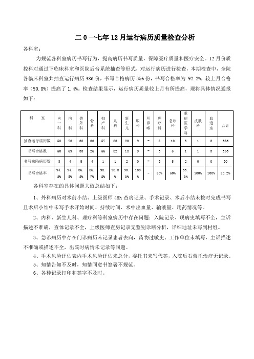 2017年12月运行病历质量质控统计通报(1)