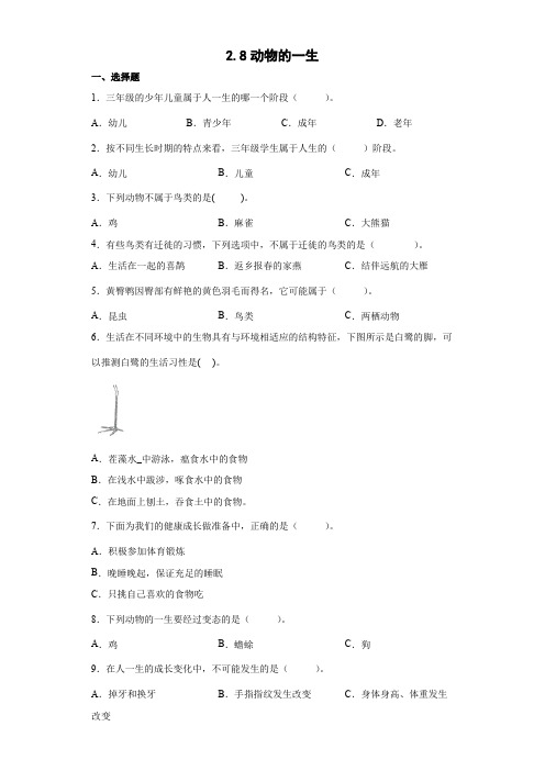 教科版(2017秋)三年级科学下册2-8动物的一生(同步练习)(含答案)