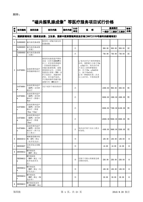 云南省医疗服务价格价格(第四批)