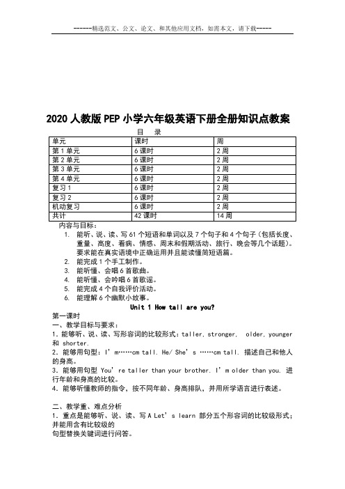 2020人教版PEP小学六年级英语下册全册知识点教案