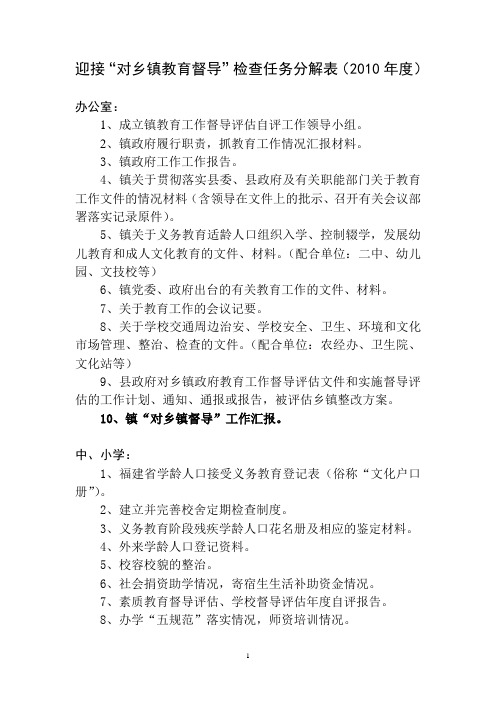 迎接“对乡镇督导”检查任务分解表