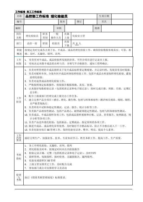 化妆品品控部工作标准理化检验员