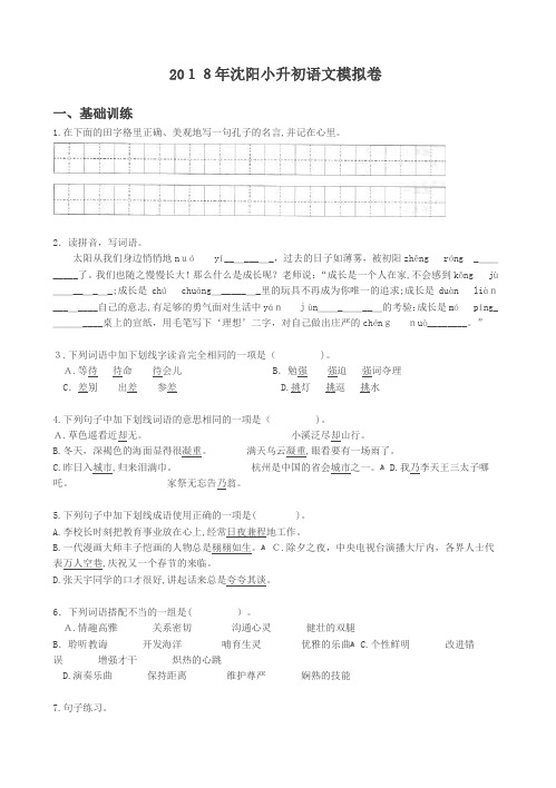 六年级下册语文试题-辽宁省沈阳市2018年沈阳小升初语文模拟卷-----语文S版(文档版)(含标准答案)