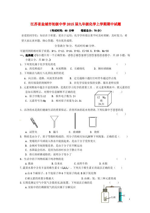 江苏省盐城市初级中学2015届九年级化学上学期期中试题 新人教版