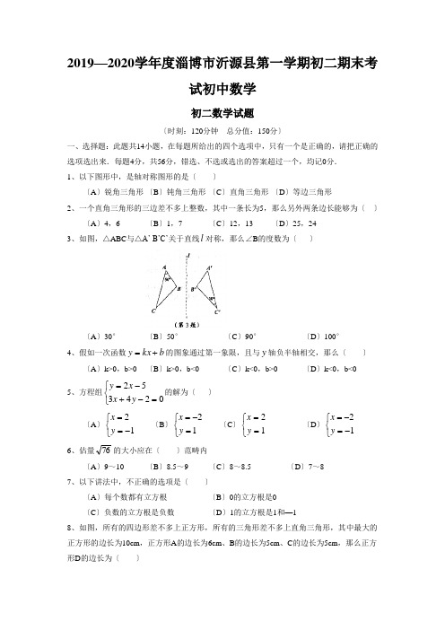 2019—2020学年度淄博市沂源县第一学期初二期末考试初中数学