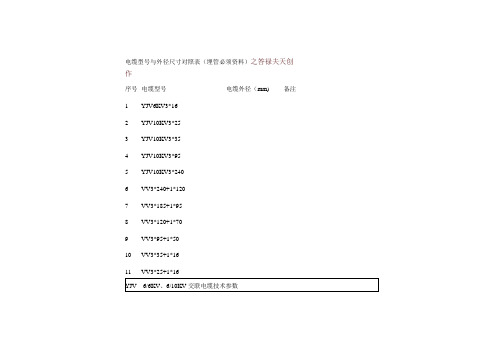 电缆型号与外径尺寸对照表