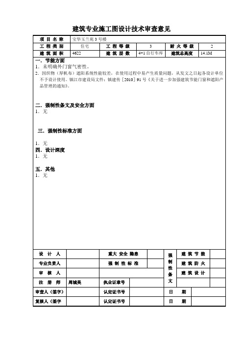 建筑专业施工图设计技术审查意见