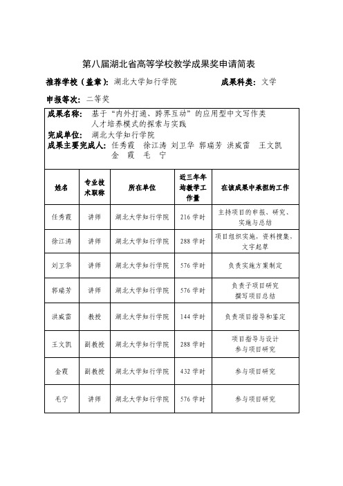 高等学校教学成果奖申请表-基于“内外打通、跨界互动”的应用型中文专业写作类人才培养模式的探索与实践