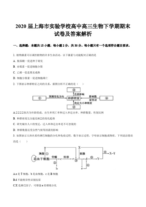 2020届上海市实验学校高中高三生物下学期期末试卷及答案解析