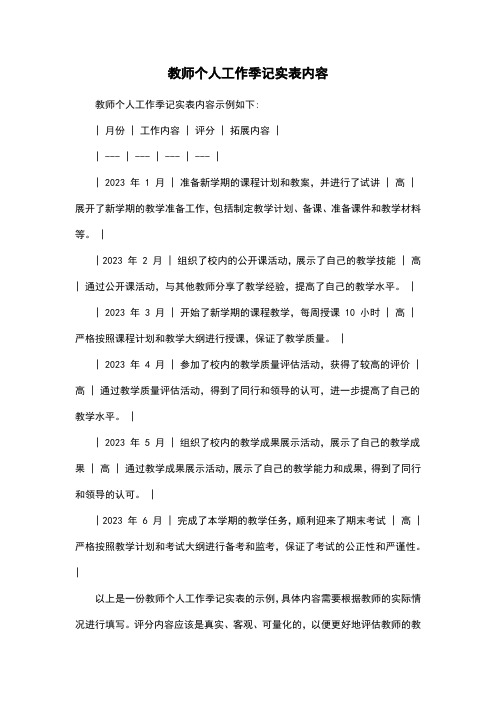 教师个人工作季记实表内容