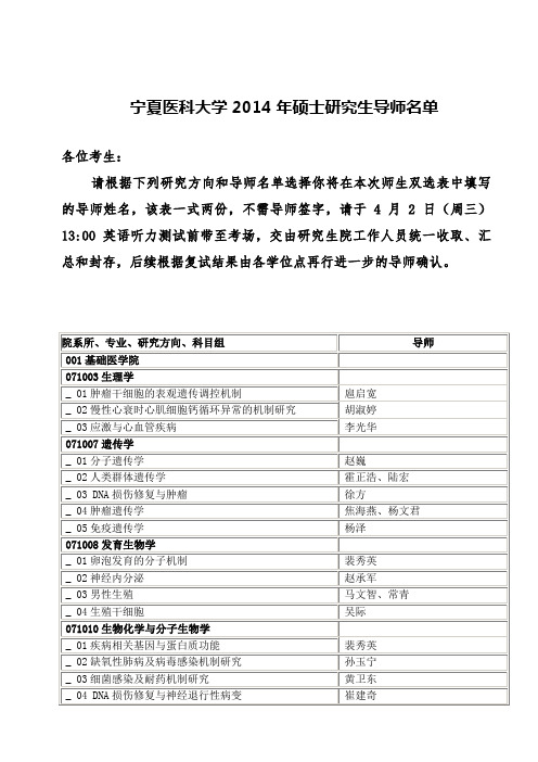 度宁夏医科大学研究生复试导师双选表