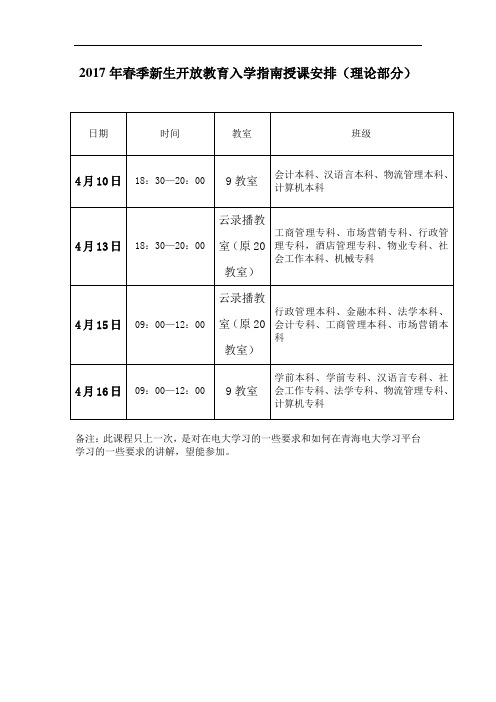 2017年春季新生开放教育入学指南授课安排(理论部分)