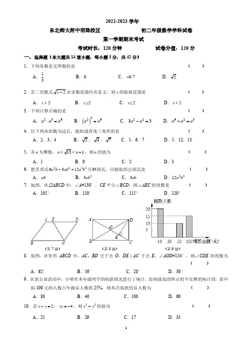 吉林省长春市东北师范大学附属中学明珠校区2022-2023学年八年级上学期期末测试卷