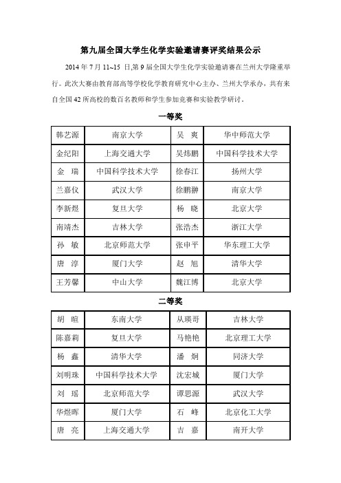 第九届全国大学生化学实验邀请赛评奖结果公示