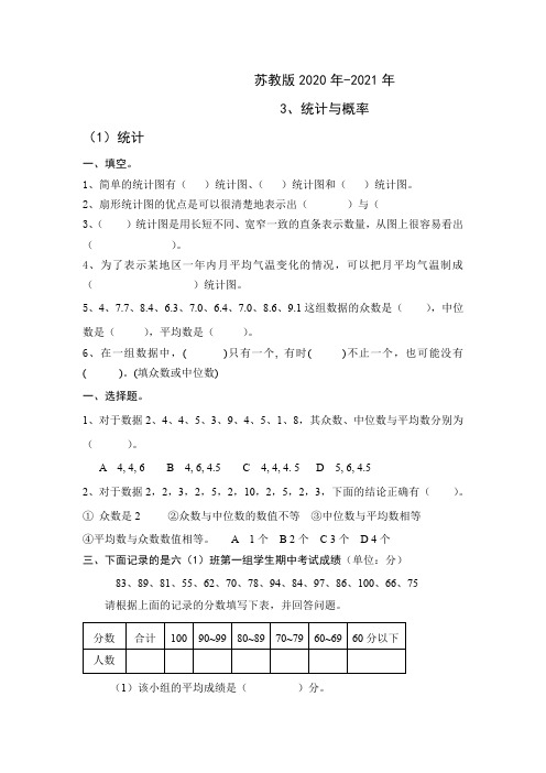 2020年-2021年苏教版数学六年级下册教学练习六年级数学统计与概率复习练习