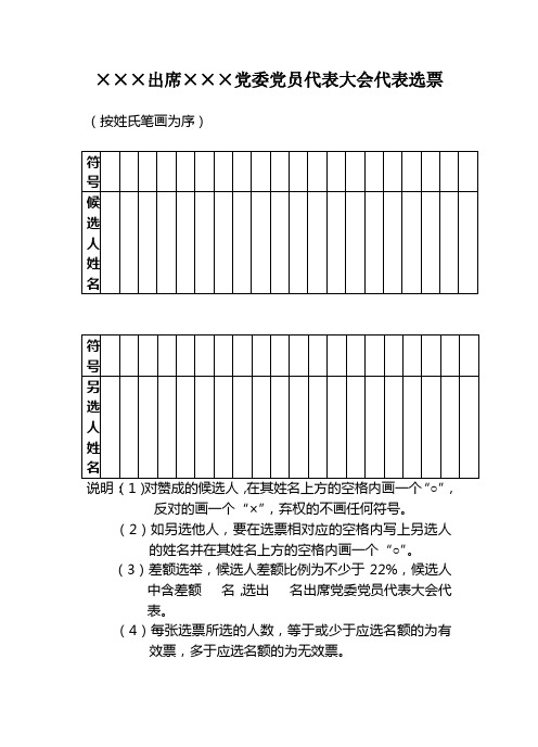 市直单位党支部和乡镇直单位党支部出席党委党员代表大会代表选票