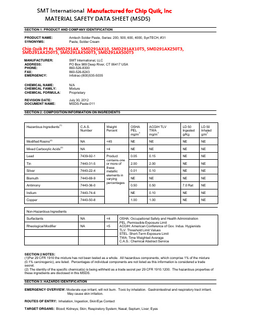 SMT International生产的Chip Quik，Amtech镍酸酯合金焊接粘合剂说明书